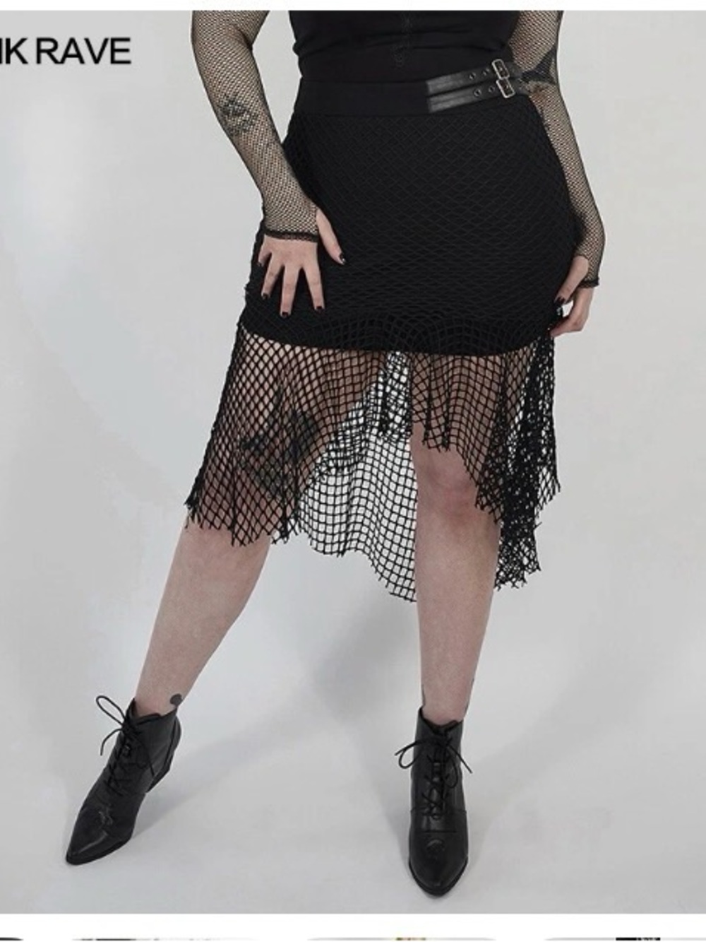 Punk Rave Black Mesh Midi Skirt with Buckle Waist Detail Size 1X